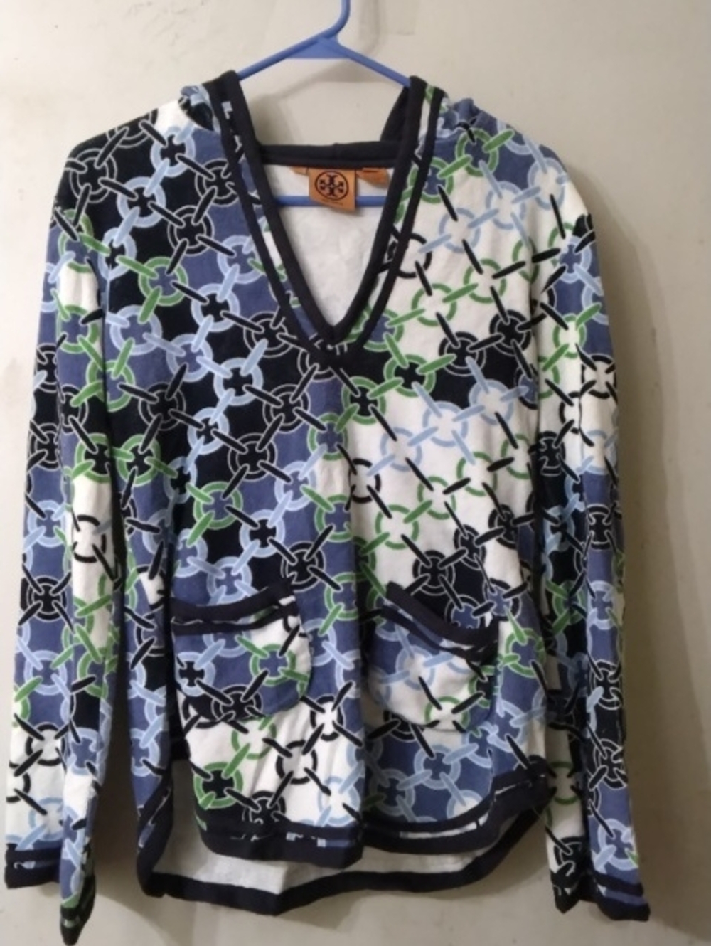 Tory Burch Women's V-Neck Patterned Hoodie - Blue/Green/White